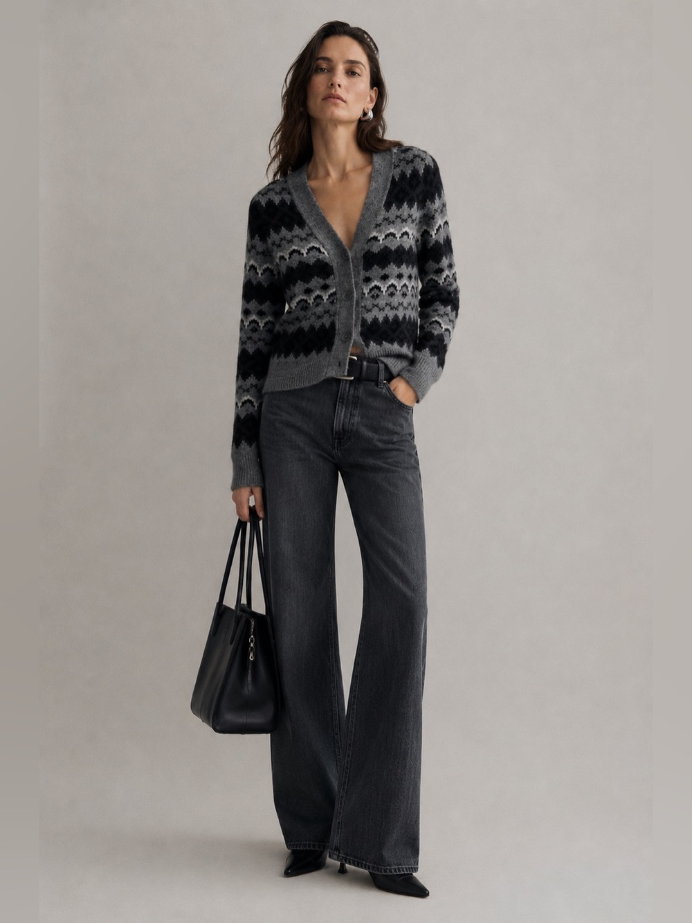 Vince grey and black fairisle alpaca blend v-neck cardigan sweater. Medium.